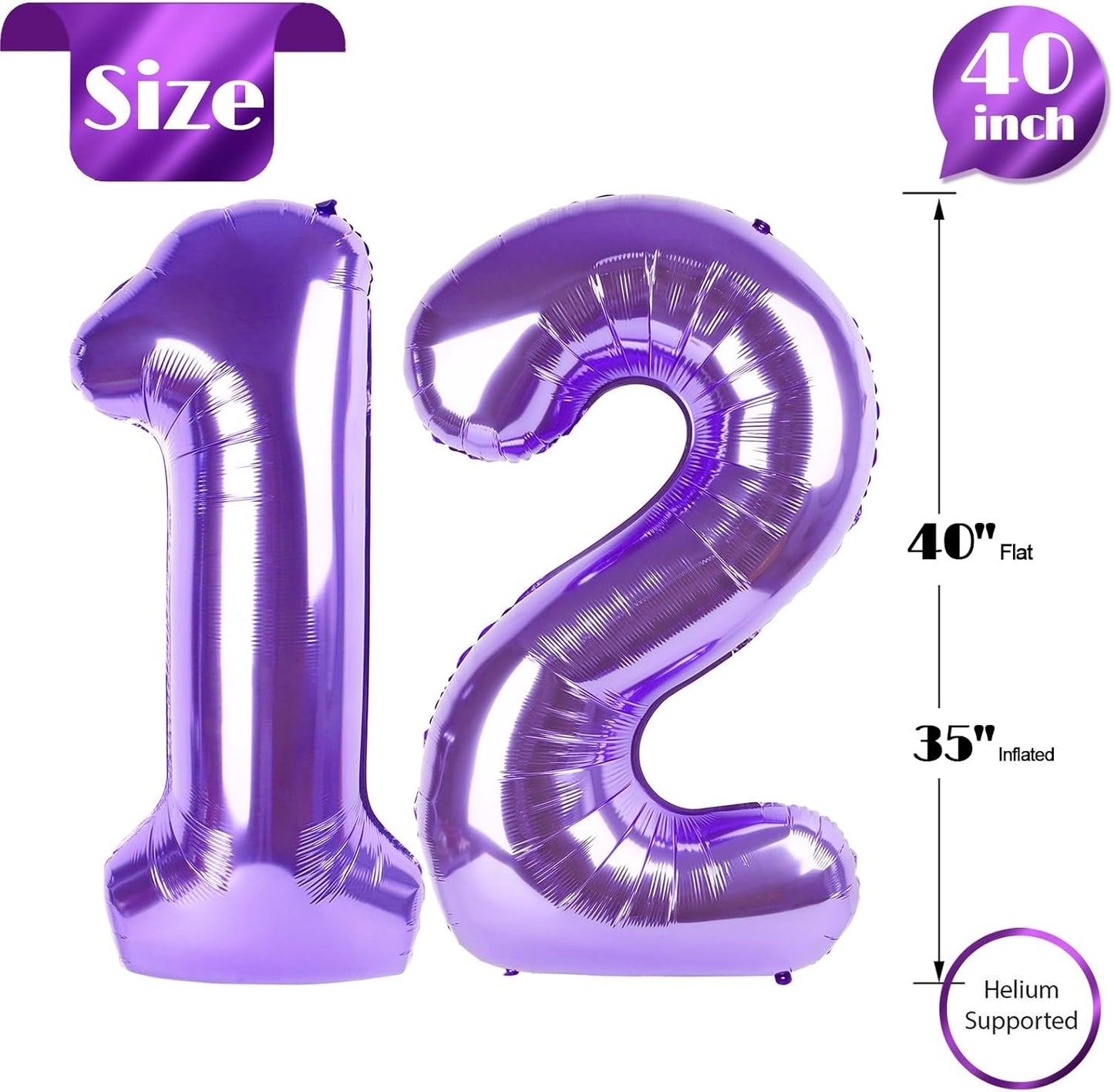 Purple Number 12 Balloon 40 inch, 12 Number Balloons, 12th Purple Birthday Decorations, 12 Year Old Girls Boys Party Supplies