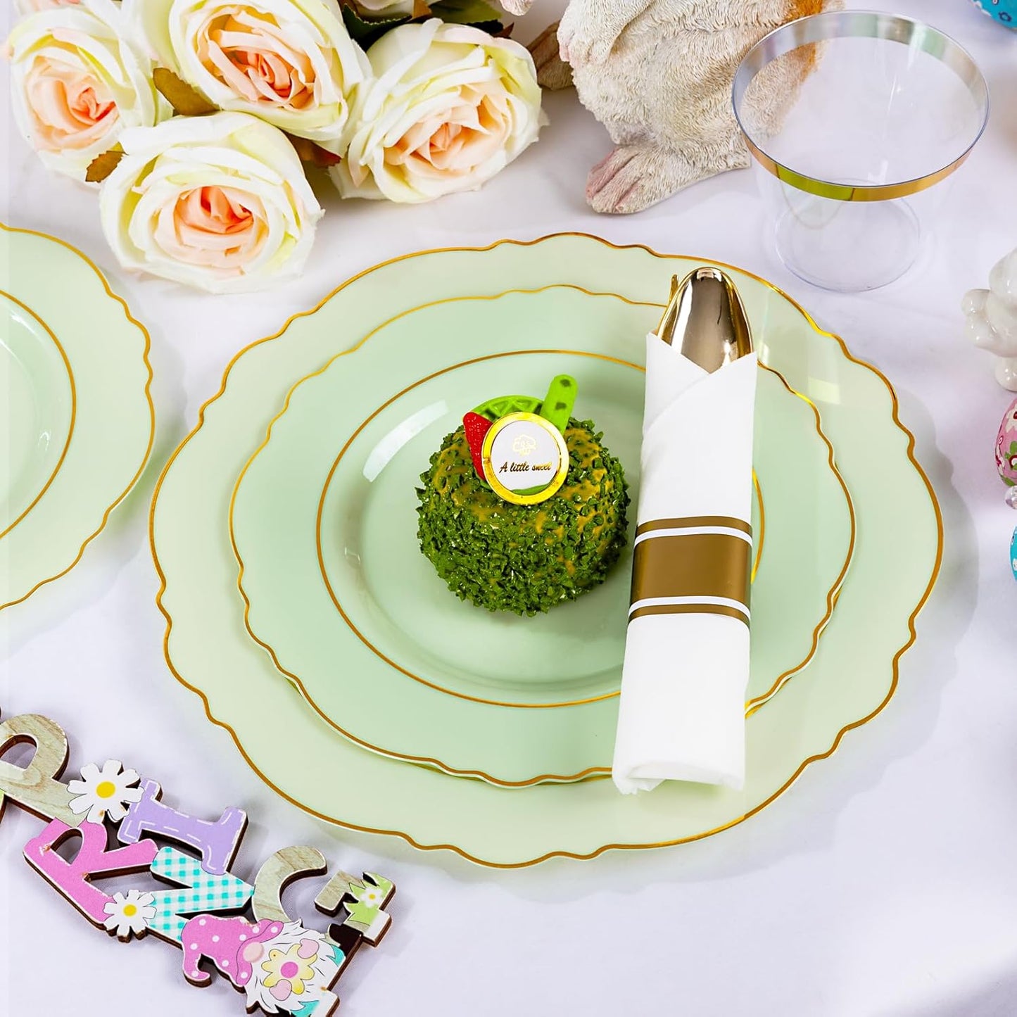 Liacere 350PCS Light Green Plates - Disposable Green and Gold Plastic Plates 50guest Baroque Dinnerware include 100Plates,50Pack Pre Rolled Napkins with Silverware 50Cups for Mother's Day