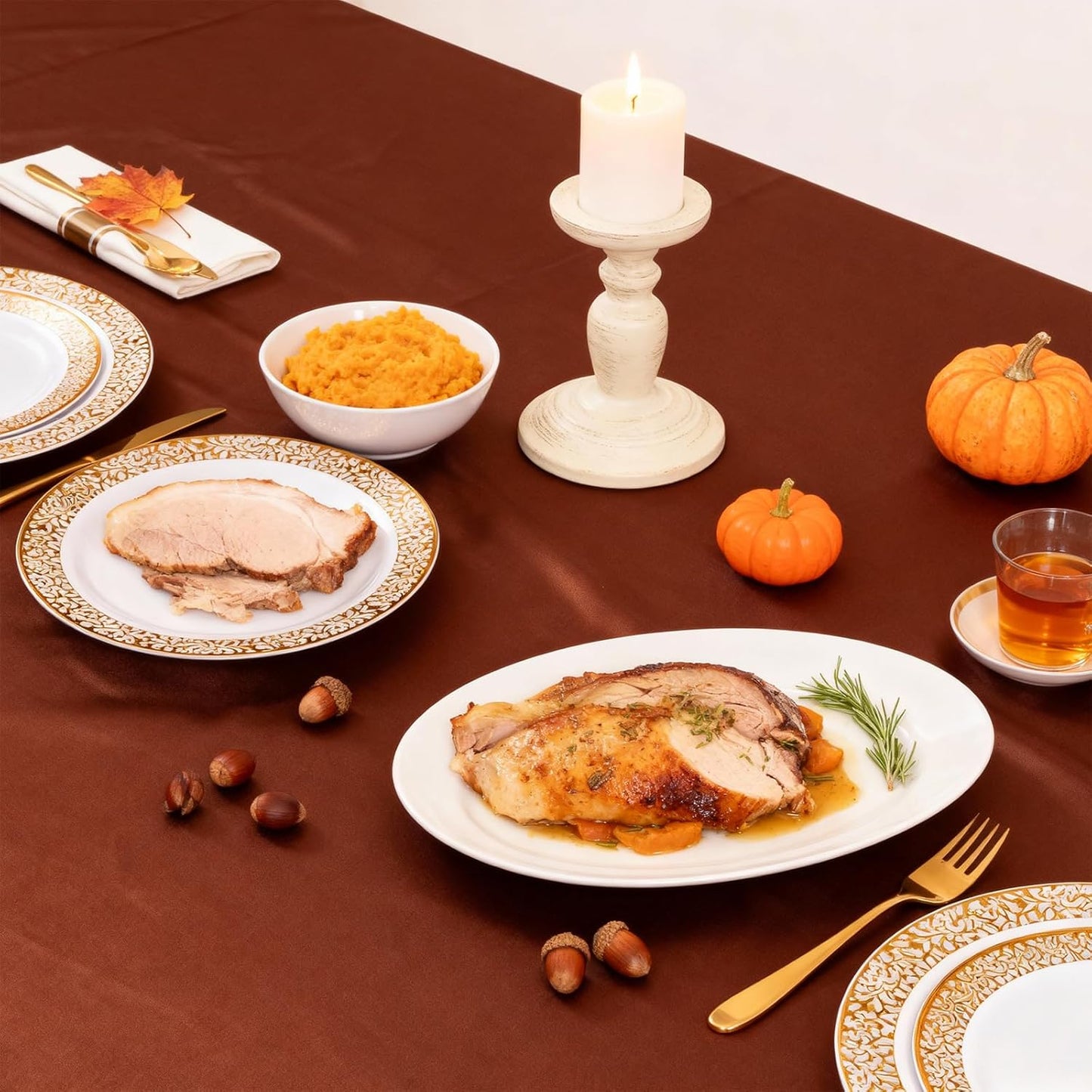 WELLIFE 50 Guests Dinnerware Sets, Gold Plastic Plates，Platos Para Fiestas Elegantes Desechables Include:50 Dinner Plates, 50 Dessert Plate, 150 Pcs Gold Plastic Silverware, 50 Cups for Party