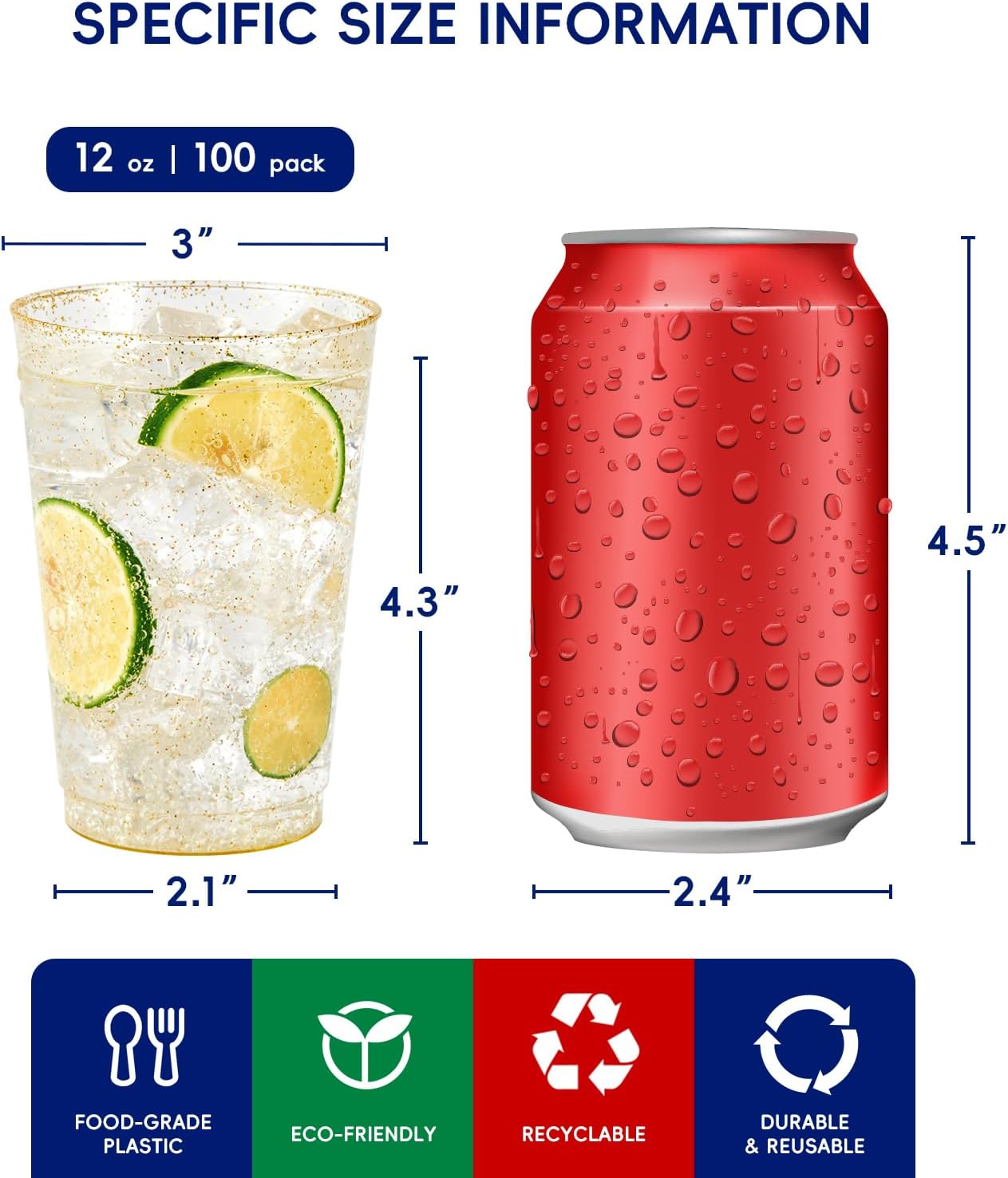 JOLLY CHEF 100 Pack 12 oz Gold Plastic Cups, Disposable Gold Cups, Heavy-duty Party Glasses for Wedding, Thanksgiving, Christmas Parties