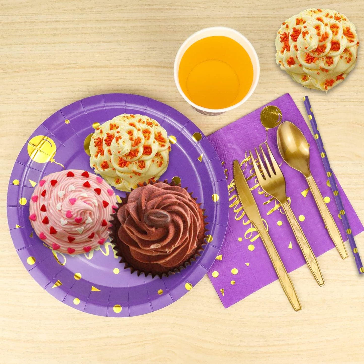 200 Pieces Gold Disposable Party Dinnerware Set &Disposable Purple Birthday Party Dinnerware - Purple Paper Plates Napkins Cups, Gold Plastic Forks Knives Spoons Straws