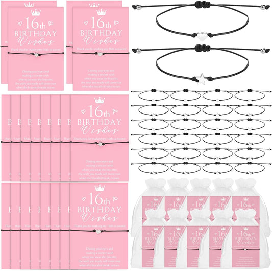 Misdary 25 Set Sweet 16th Birthday Wish Party Favors for Guests Include Adjustable Heart Charm Star Bracelets Gift with Thank You Wish Cards for Birthday Souvenirs Party Supplies Decor