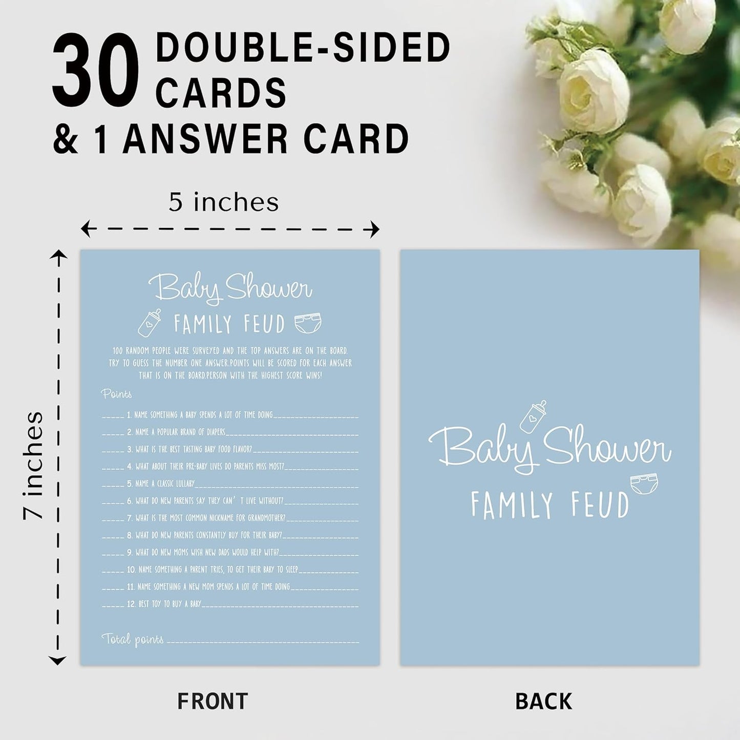 Baby Shower Family Feud Game - 30 Cards, Answer Key, Gender Neutral Decorations for Boy & Girl - Bluish