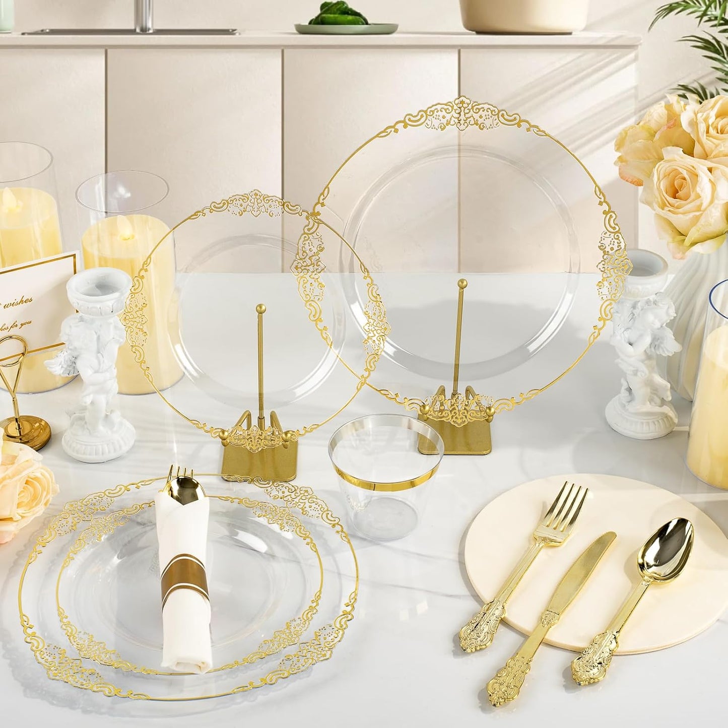 350PCS Clear Plastic Plates for 50 Guests, Disposable Dinnerware Sets Include 100 Gold Rim Plastic Plates, 50 Silverwares, 50 Cups, and 50 Pre Rolled Napkins for Party, Graduation