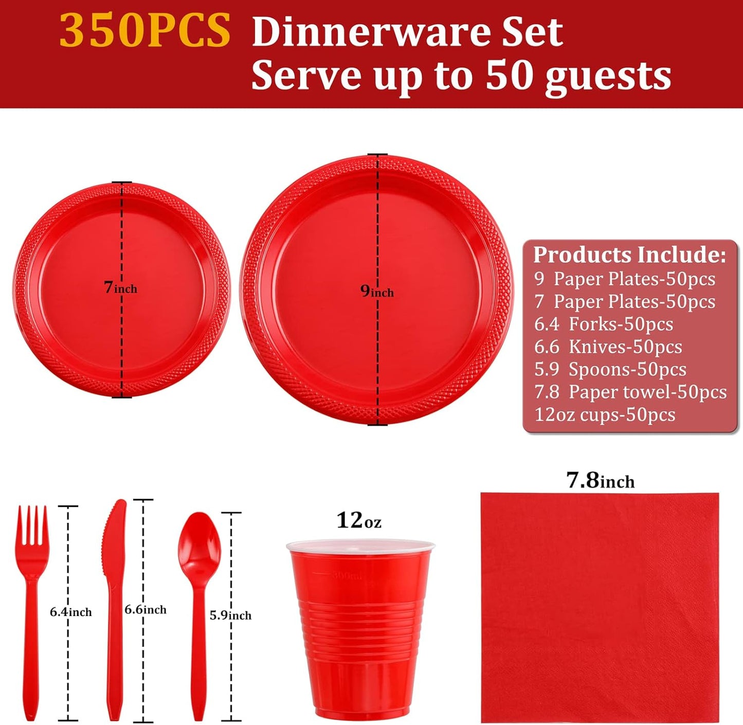 MirthMood 350PCS Red Disposable Plastic Plates,Red Dinnerware Set Includes 50 Dinner Plates, 50 Salad Plates, 50 Sets of Silverware, 50 Napkins and 50Pcs 12OZ Plastic Cups