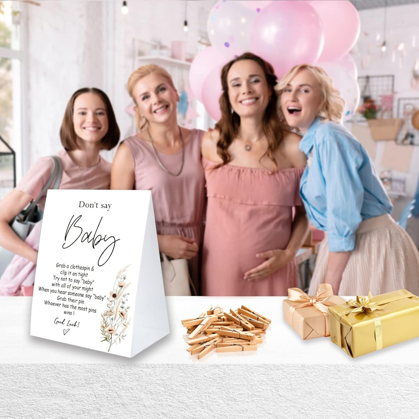 Don't Say Baby Game For Baby Shower Clothespin Game, One 5x7 Coated Paper Sign And 50 Natural Clothespins, Minimal Style, Gender Neutral -NDSBB39