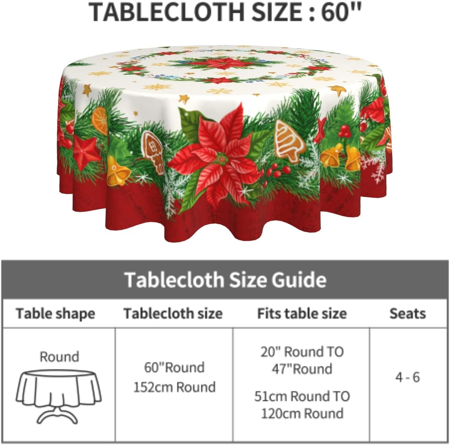 Giwawa Christmas Tablecloth 60 Inch, Winter Poinsettia Floral Round Table Cloth, Xmas Snowflake Holly Berry Table Cover for Kitchen Dining Decor, Waterproof Reusable Tablecloths for Holiday Party