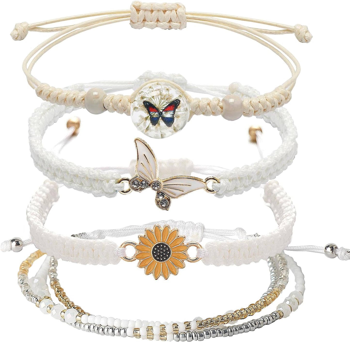 DS 4PCS String beads Charm Bracelets for Teen Girls Dainty cute cartoon Butterfly Daisy Eternal flower Beads Bracelets set for woman and girls Adjustable Stretch bracelet birthday Gift For Friends