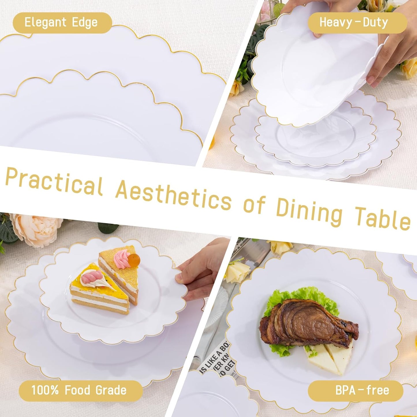 LIYH 120 Pcs White Plastic Plates Wedding Plates Disposable Heavy Duty Scalloped Plastic Plate Includes: 60 Dinner 10.25" & 60 Dessert Plate 7.5" Elegant Gold Rim Suitable for Bridal Shower Party