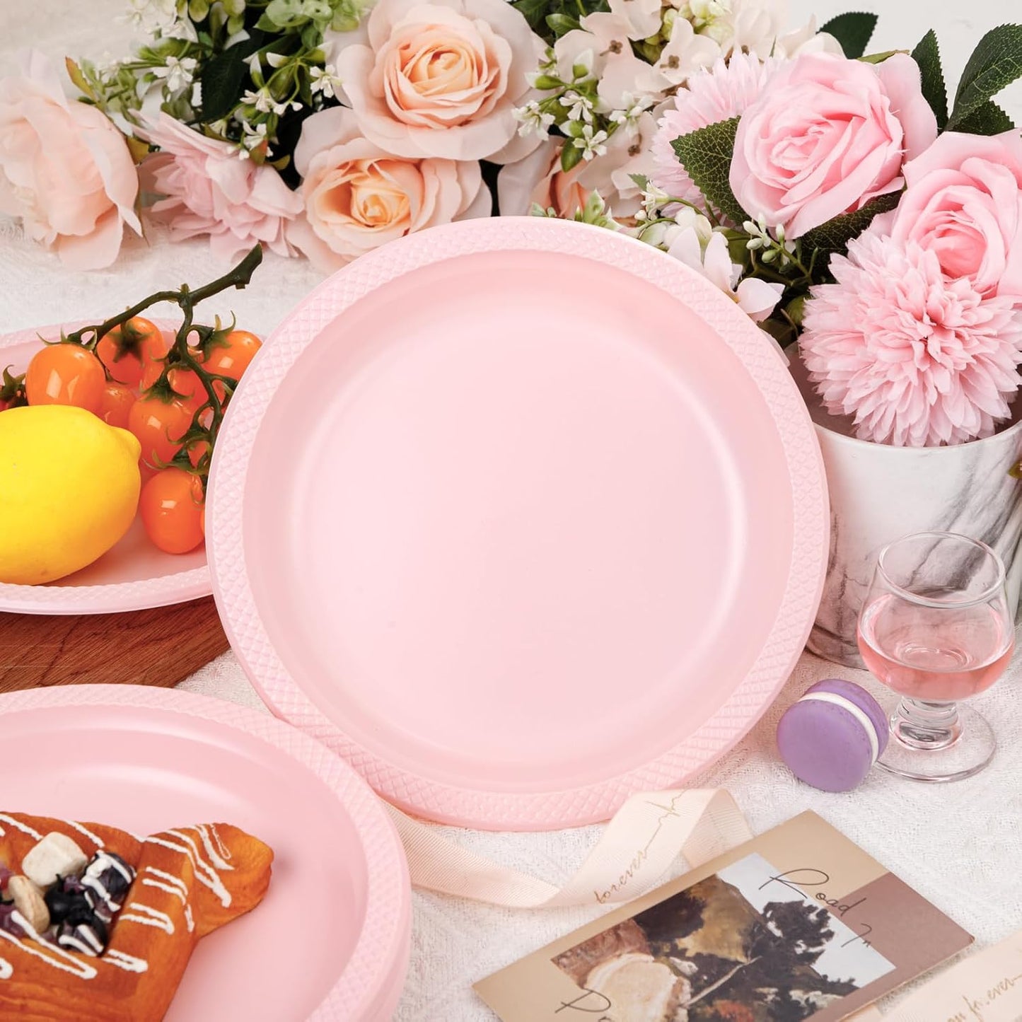WELLIFE Pink Plastic Plates 9 Inch -150 Count for Party, Disposable Plastic Party Plates for Easter Mother's Day Baby Shower Dinner Dessert Cake Light Pink