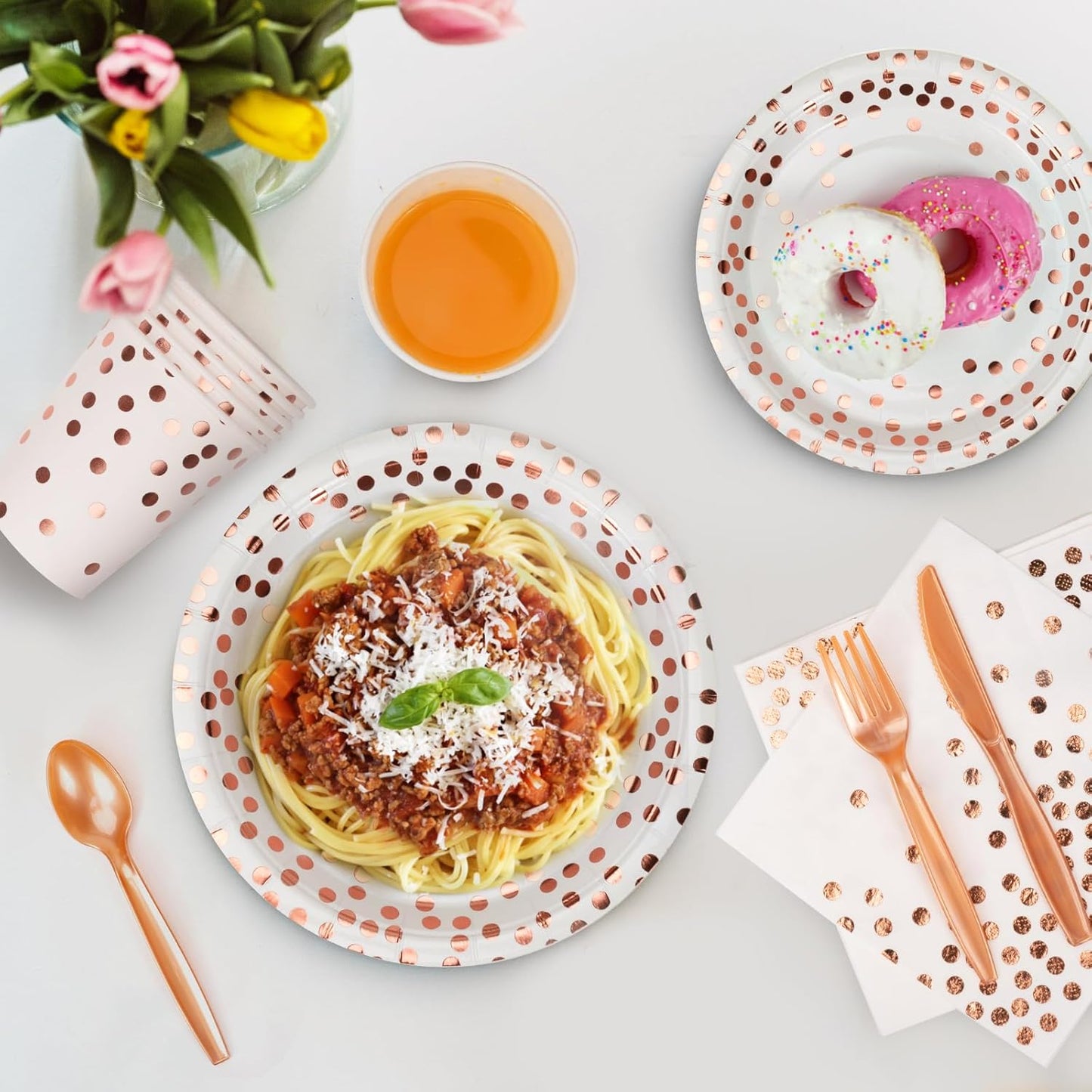 Party Supplies Set - 280 Pieces of White and Rose Gold Dot Paper Plates, Cups, Napkins, and Heavy Duty Silverware for 40 Guests for Birthdays, Graduation, Wedding, Festivals