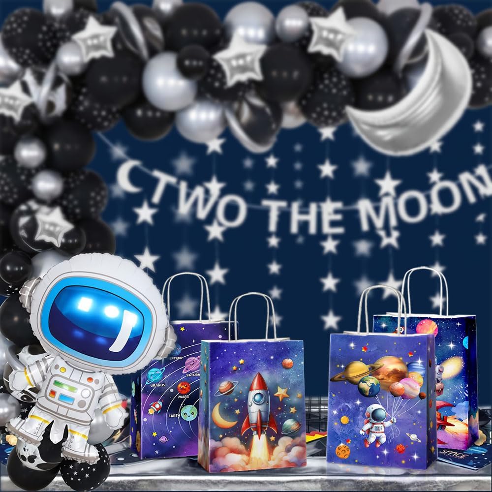 24 Pcs Astronaut Party Favor Bags with Handles - Space Galaxy Themed Solar Eclipse Goodie Gift Candy Kraft Paper Bags for Kids Birthday Party Supplies Decorations