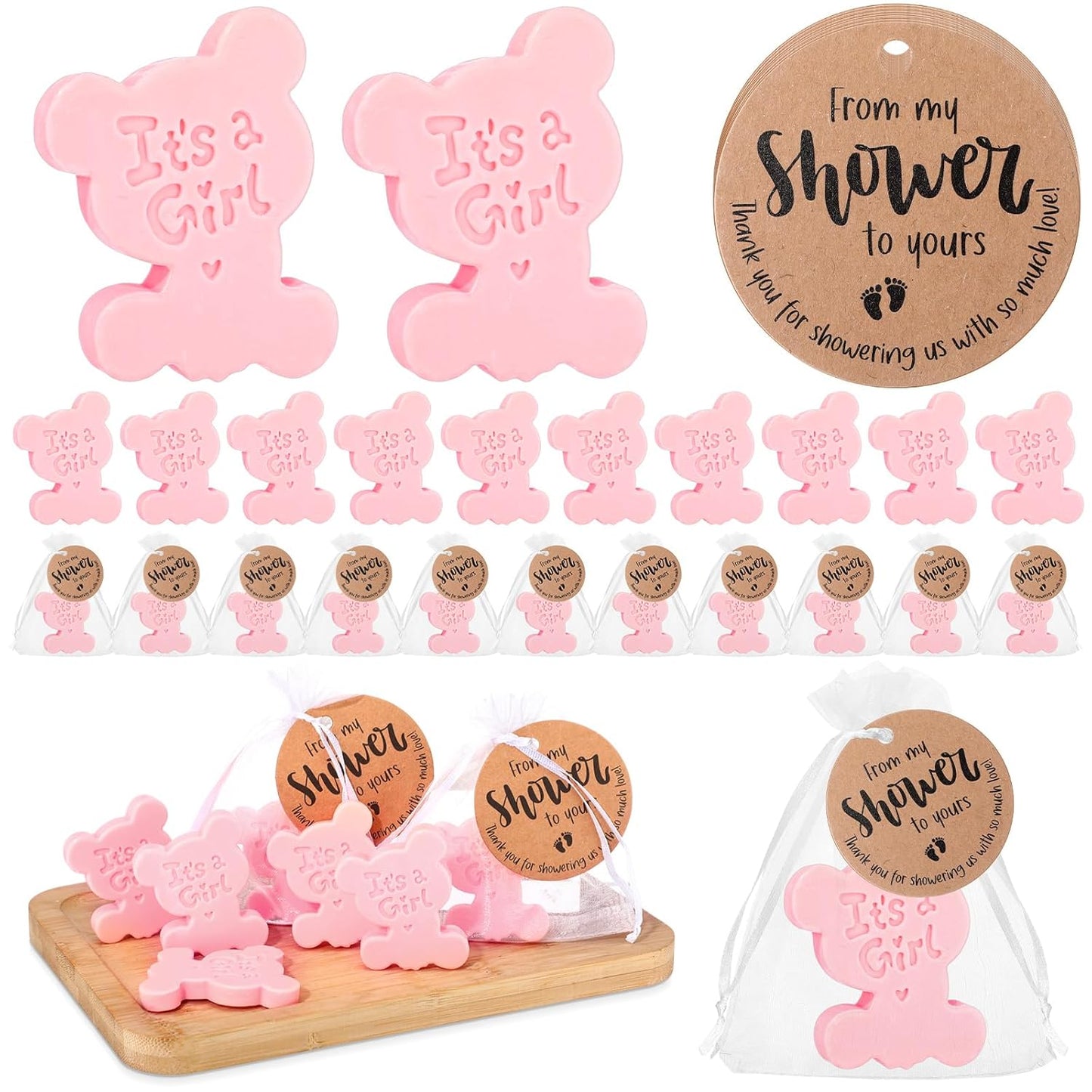 50 Sets Baby Shower Soap Favors for Guests Boy Girl Handmade Scented Soaps with Mini Thank You Tags and Organza Bags for Shower Gender Reveal Party Favors(It's A Girl)