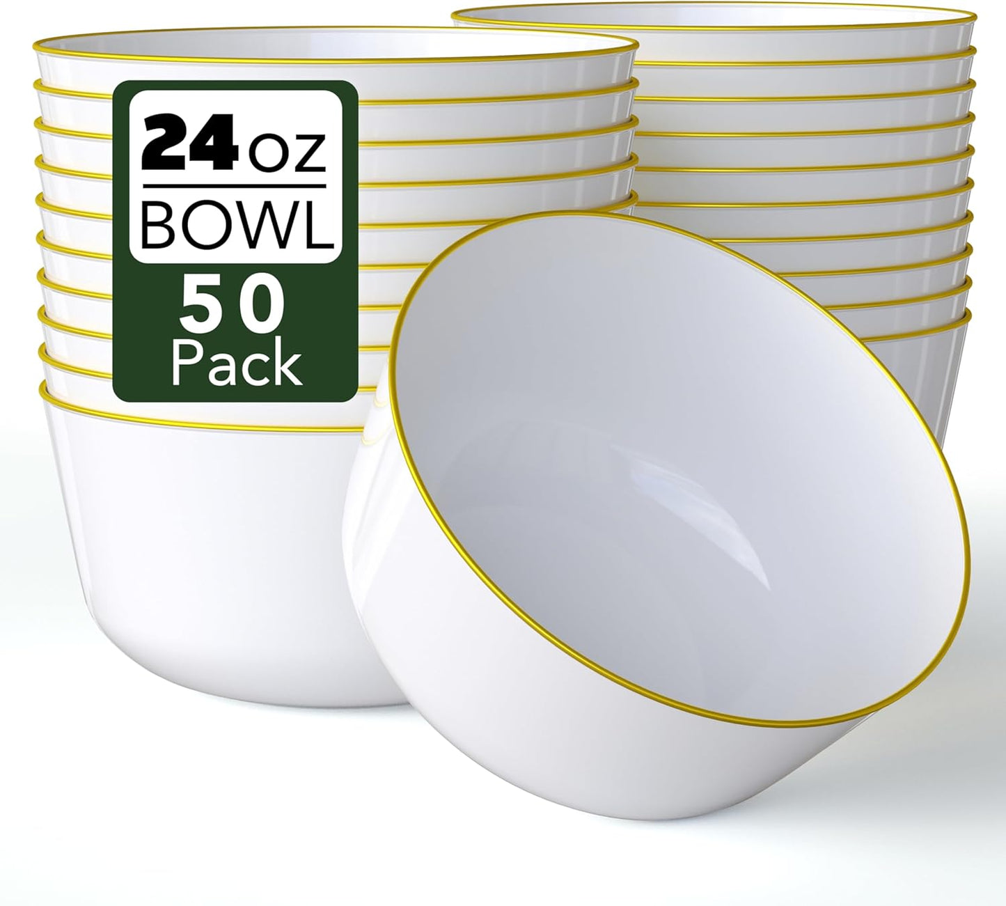 Trendables Plastic Bowls - Disposable 24 Oz Set of 50, White Gold Rimmed Fancy Serving Bowls, Perfect for Ice Cream, Salad, and Candy