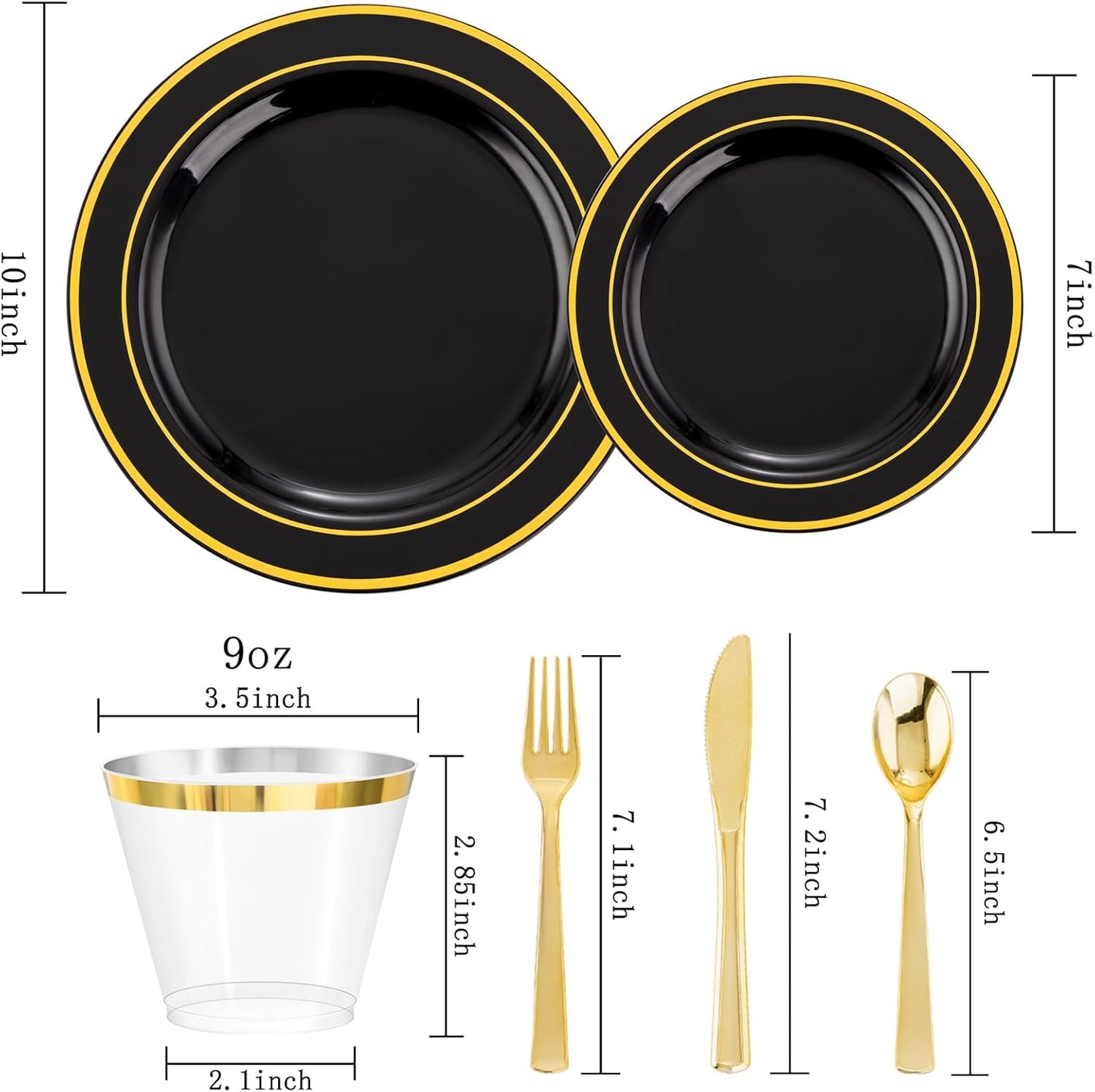 bUCLA 300PCS Black and Gold Disposable Dinnerware Set - 50 Guests Black Plastic Plates with Gold Rim Include 50 Dinner / 50 Dessert Plates, 50 Forks,50 Knives,50 Spoons&50 Cups for Party&New Year