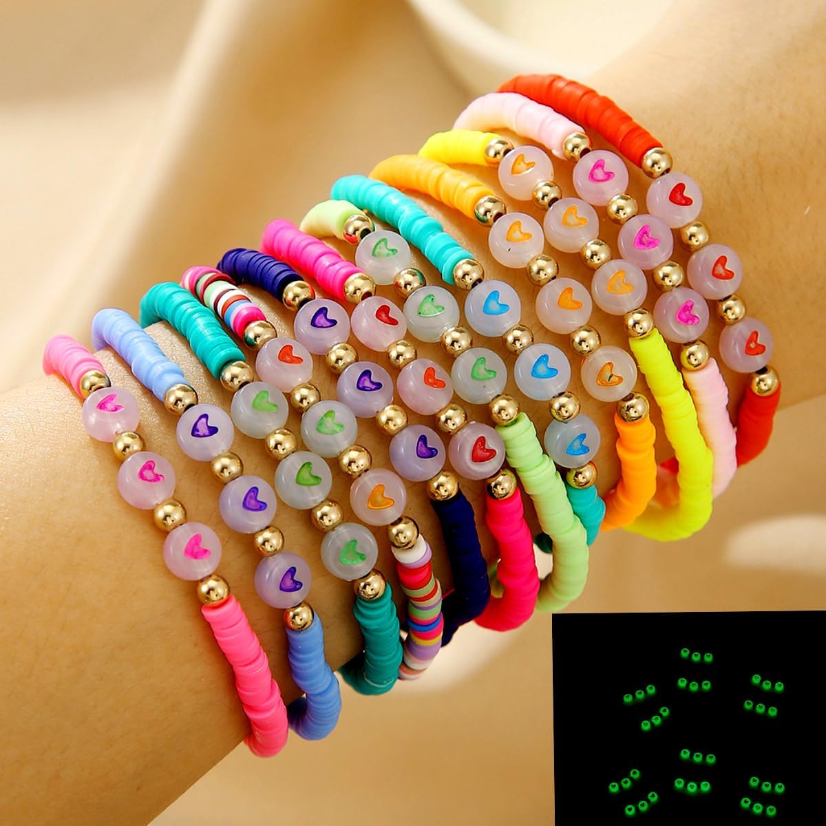 Heishi Surfer Clay Bead Bracelets Set for Women - Preppy Smile Evil Eye Beaded Stretch Bracelets Elastic Layering Friendship Bracelets- Stackable Boho Disc Summer Jewelry Set