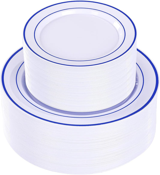 U-QE 100pcs Royal Blue Plastic Plates for Party - Blue and White Plates Disposable Heavy Duty - Include 50 10" Dinner and 50 7" Dessert Plate, Perfect for Party, Wedding, birthday
