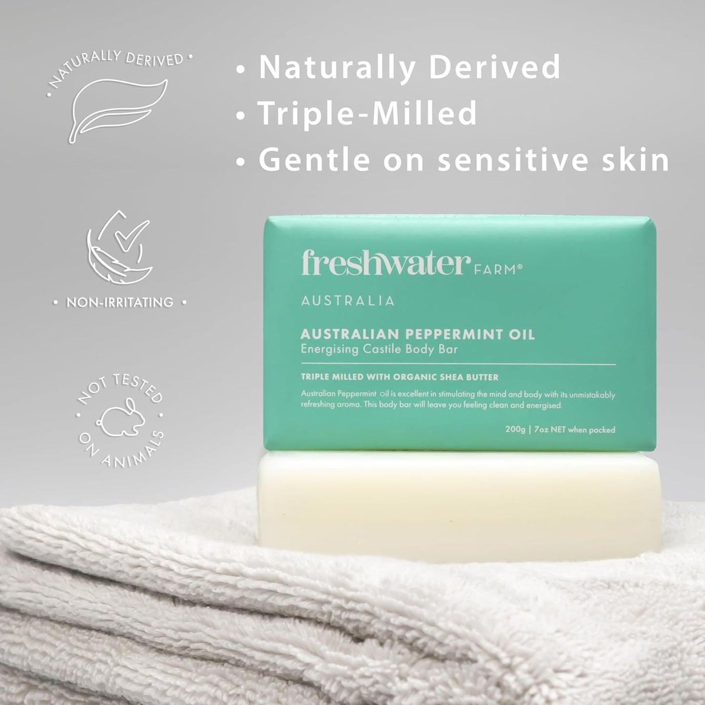 Freshwater Farm Australia Energizing Castile Natural Bar Soap for Women Men - Australian Peppermint Oil - Nourishing Essential Oils For Dry, Sensitive Skin - Natural Bar Soap, Body Soap - 7 oz 8PK