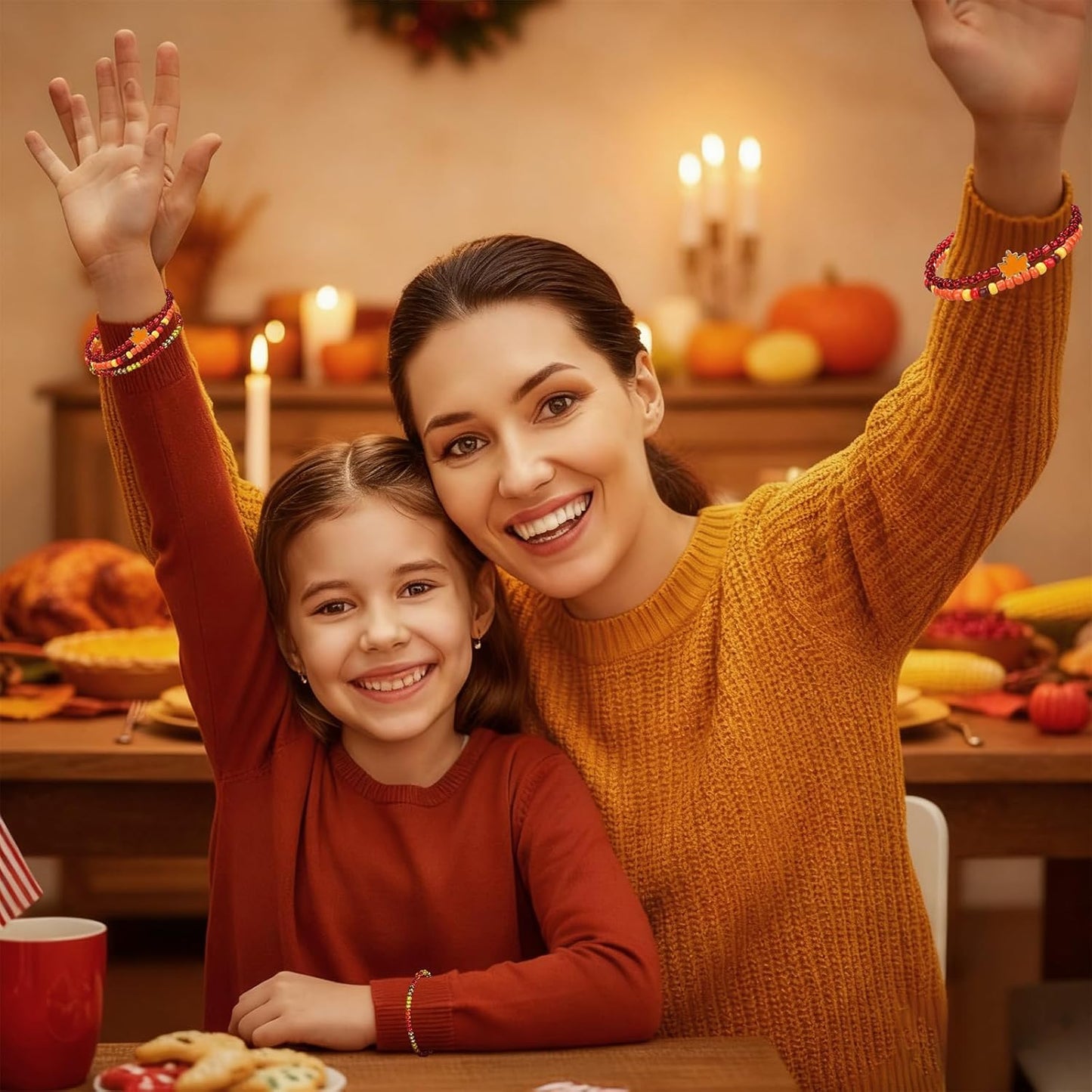 64 Pcs Thanksgiving Beaded Bracelets Fall Maple Leaf Beads Stretch Bracelet Thanksgiving Charm Bracelets Festive Jewelry Gifts for Women Men Accessories Party Favor Supplies