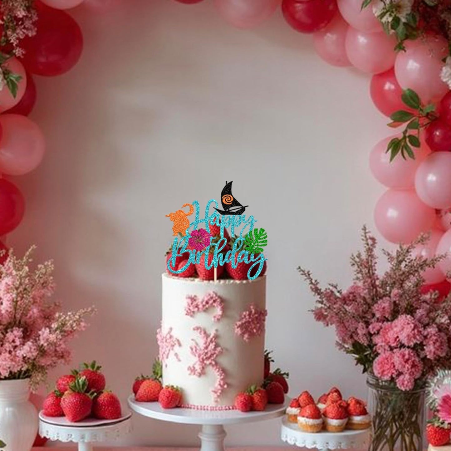 1 Pack Moana Cake Toppers Glitter Palm Leaf Moana Cake Picks The Sea is Calling Hawaiian Tropical Cupcake Decorations for Luau Summer Baby Shower Birthday Party Supplies Blue