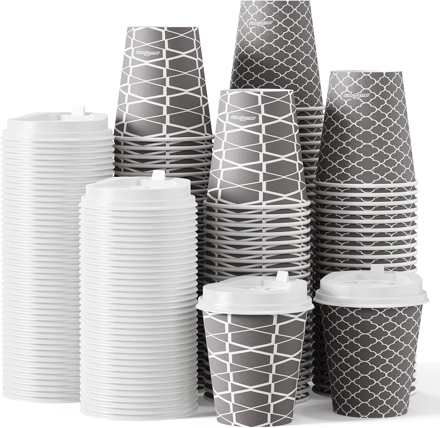 JOLLY PARTY Disposable Coffee Cups with Lids -10 oz (100 Sets) To Go Coffee Cups, Paper Cups for Beverages Espresso Tea, Suitable for Cafes, Offices and Home