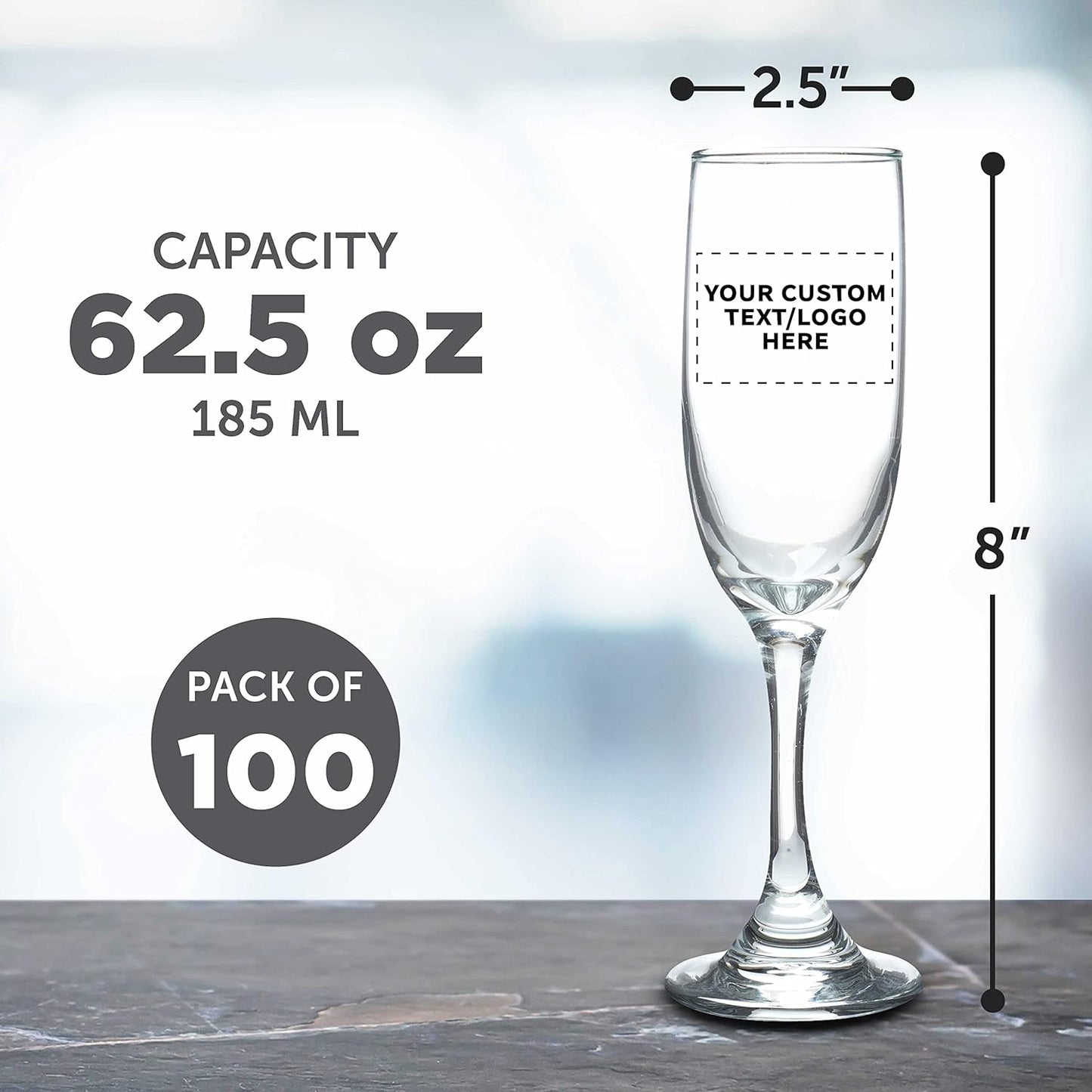DISCOUNT PROMOS Custom Premiere Champagne Flutes 6.25 oz. Set of 100, Personalized Bulk Pack - Elegant Drinkware for Weddings, Events, & Promotional Gifts - Clear