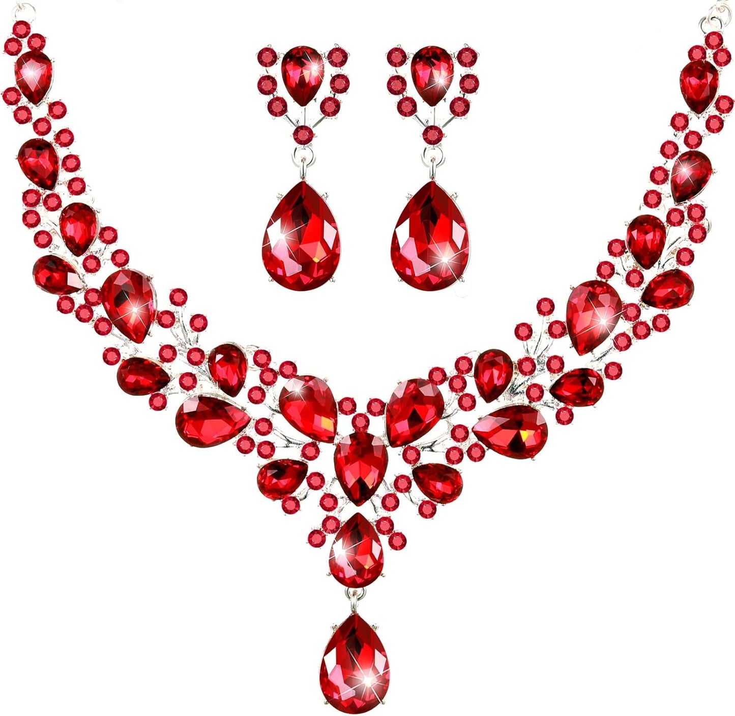 Hicarer Bridal Teardrop Cluster Crystal Jewelry Set for Women Necklace Earrings Wedding