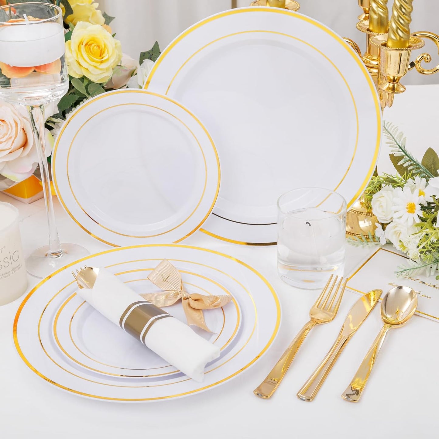 DaYammi 210PCS Gold Plastic Dinnerware Set Thanksgiving Plates Disposable Disposable Plates for Party, Include: 30 Dinner Plates, 30 Dessert Plates, 30 Pre Rolled Napkins with Gold Silverware, 30 Cups