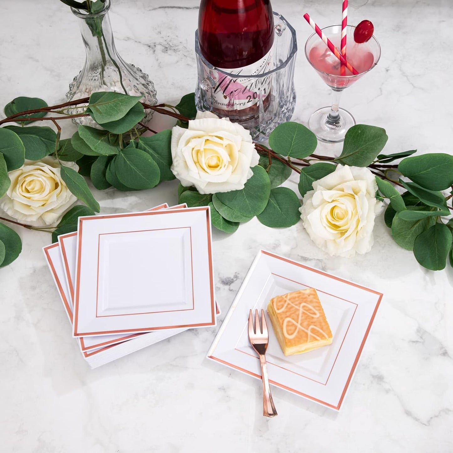 WDF 86pcs Rose Gold Dessert Plates 6" with 86 Pieces Disposable Forks 5", Elegant Square Appetizer Small Plastic Plates for Mother's Day, Wedding