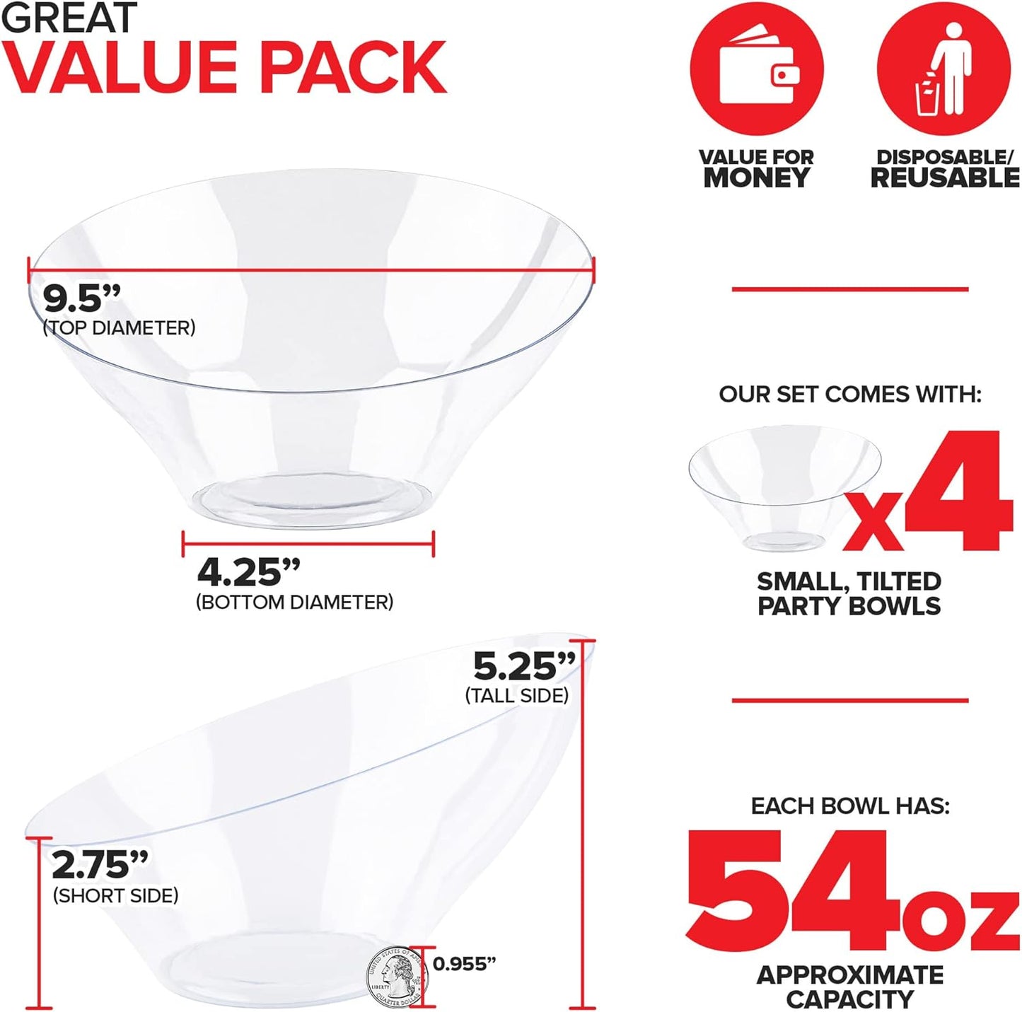 54oz Clear Plastic Serving Bowls (4 Pack) Large Disposable Candy Dishes, Buffet Containers for Chips, Popcorn, Snacks, Punch, Salad Bar, Snack Bowl, Parties, Office Desk, Bridal Shower, Party Supplies