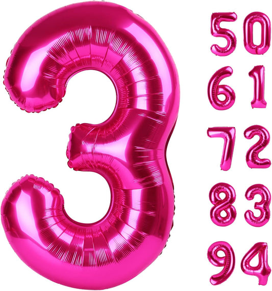 Hot Pink 3 Balloon, Number Balloons 40 Inch, 3rd Birthday Decorations for Kids Girls Women Party Supplies for Party Decorations, Number 3 Balloon