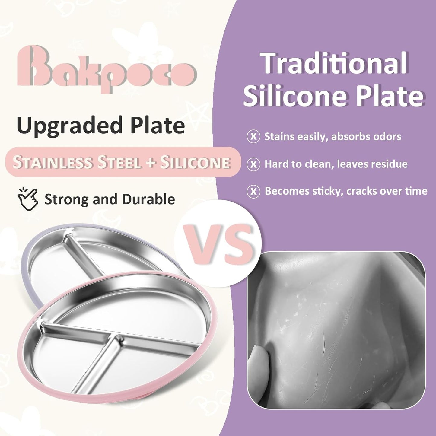 Stainless Steel Baby Plate with Suction, 9” Divided Toddler Plates with Removable Silicone Sleeves for Kids, Non-Toxic Non-Slip Unbreakable Dishwasher Safe Dinnerware Set of 2, Pink & Lilac