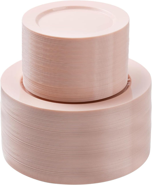 200PCS Pink Plastic Plates Set, 100 10.25 inch Dinner Plates and 100 7.5 inch Dessert Plates, Premium Disposable Plates for Party, Wedding