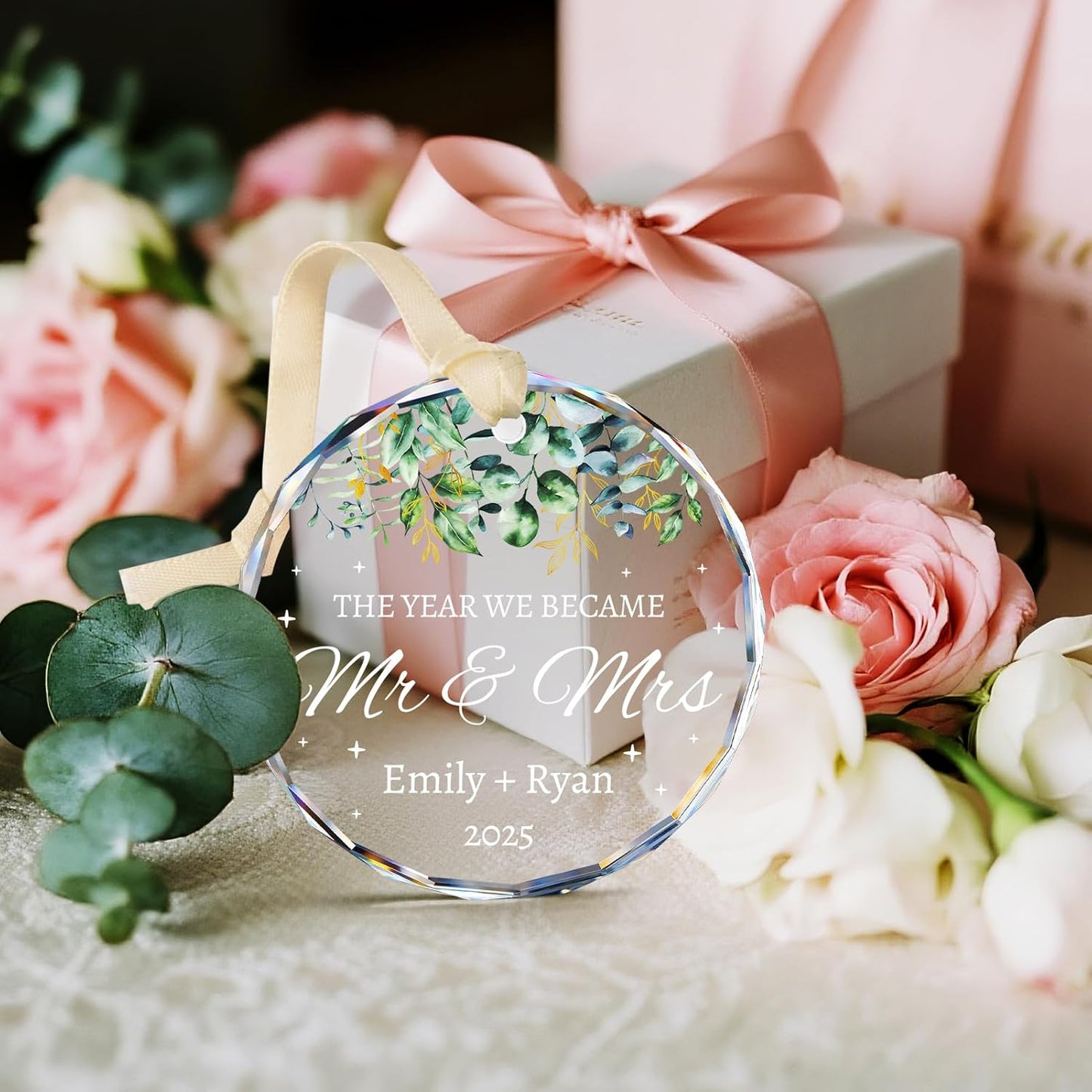 First Christmas Married Ornament 2025 - Personalized Wedding Gifts for Couples - Mr and Mrs Crystal Christmas Tree Ornaments - Bridal Shower Gifts for Newlywed, Bride, Her, Just Married