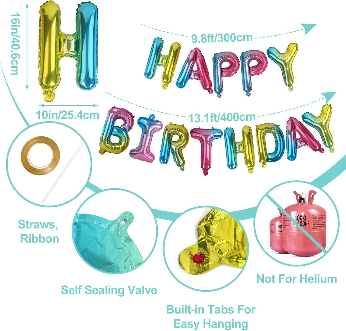 LIOZEOKUN Happy Birthday Balloon Letters 16 inch Mylar Foil Birthday Balloons Banner Sign for Birthday Party Decorations Supplies (Rainbow)