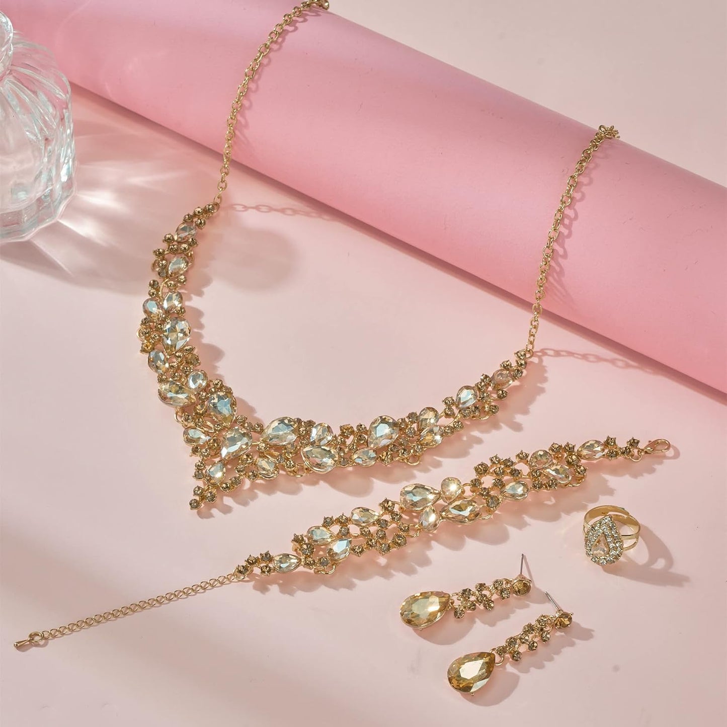 Crystal Bridal Wedding Jewelry Sets for Women Rhinestone Teardrop Crystal Statement Choker Necklace Drop Earrings Link Bracelets Rings Teardrop Jewelry Set for Brides Bridesmaids