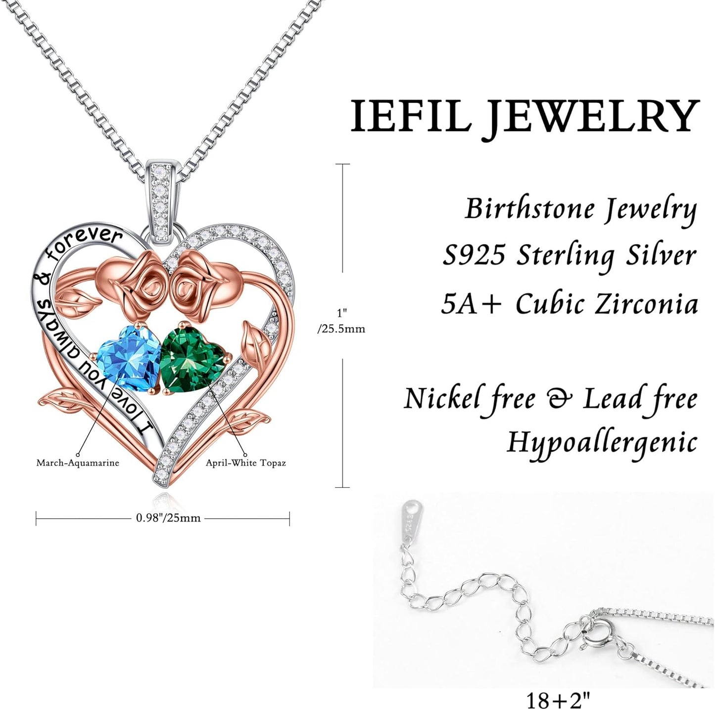Iefil Rose Heart Double Birthstone Necklace Gifts for Wife Her Mom Women, Birthstone Jewelry Gemstone Birthday Gifts for Girlfriend Grandma Her Wife Women