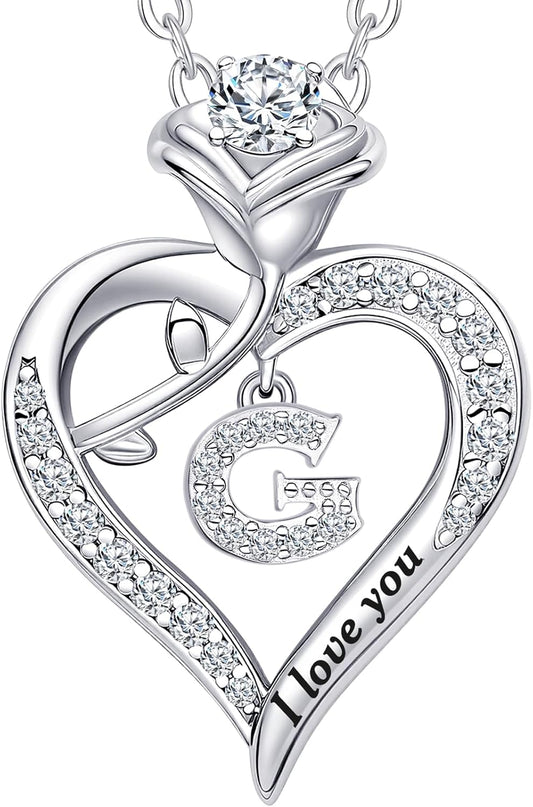 Rose Heart Pendant Necklace Gifts for Wife, Engraved 'I love you' Gift for Wife Girlfriend, Anniversary Birthday Eternity Jewelry Present for Women, Moissanite Necklace Gift for Her