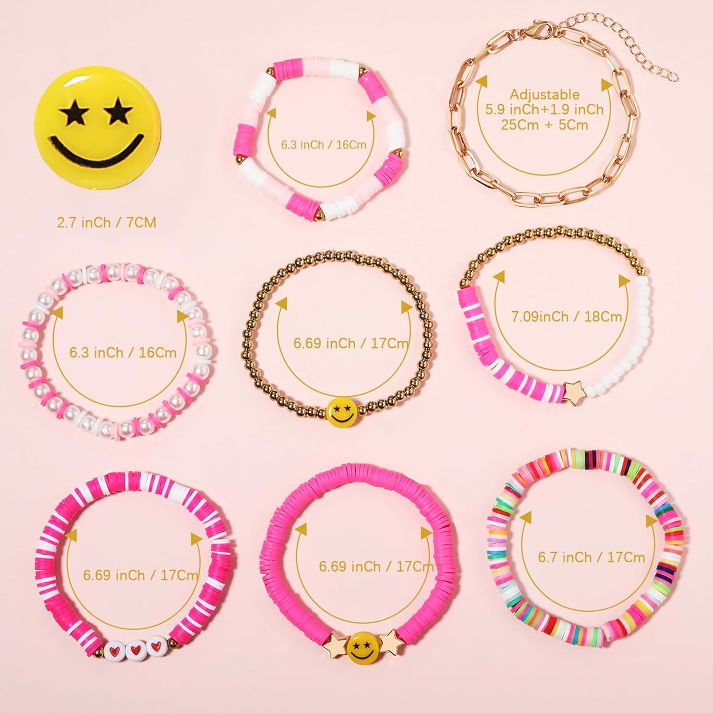 Preppy Bracelets Set Colorful White Gold Smile Heart Star Polymer Beaded Pearl Clay Stackable Charm Y2K Kidcore Aesthetic Summer Beach Bohemian Stretch Layering Bracelets Jewelry for Girls Women Teens