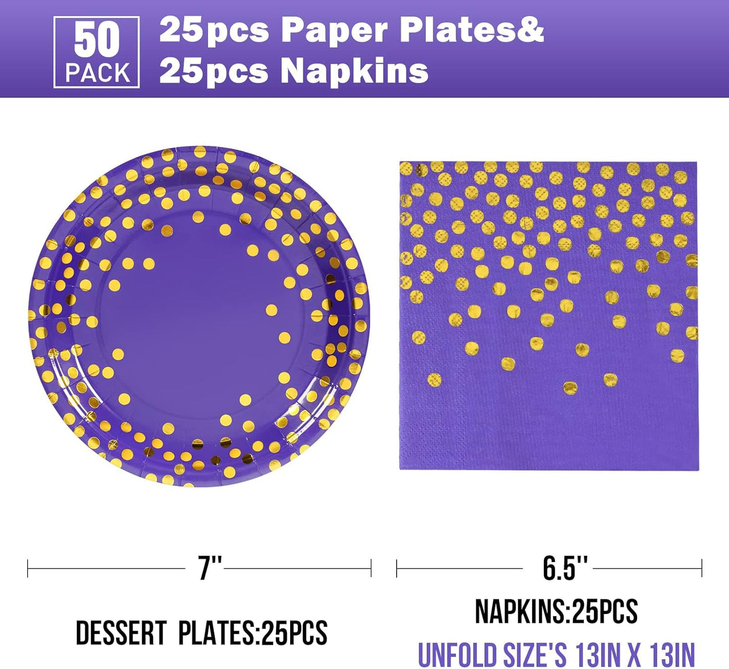 Purple and Gold Paper Plates-50 Pack- 25 * 7inch Paper Plates & 25 * 6.5inch Napkins,Purple Plates and Napkins Party Supplies for Birthdays Carnival Receptions and All Occasions