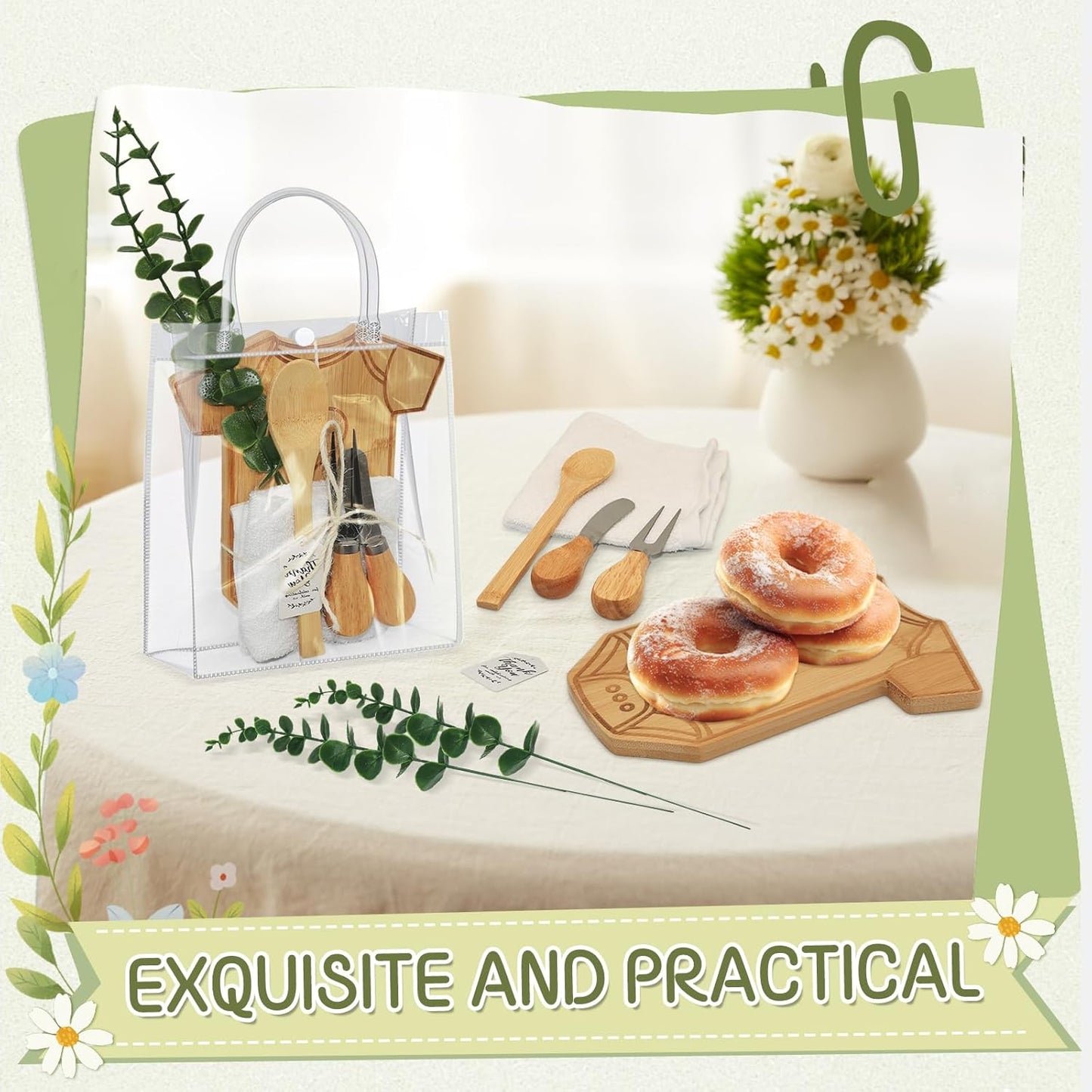 AZEAM 55Pcs Baby Shower Prizes for Game Winners, Bridal Shower Prizes with 6 Sets Clothes Cheese Board Spoon Fork Butter Knife Towel Card Plastic Bag Branch, Wedding Shower Favors for Guests