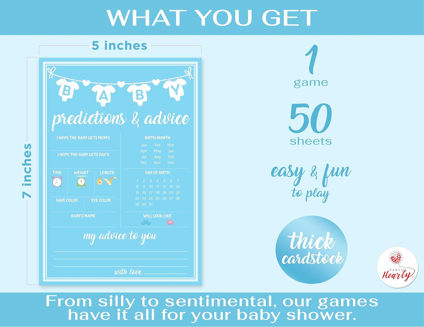 Party Hearty Baby Shower Games for Boy, 50 pcs Predictions & Advice Game, Fun Activity Cards, Baby Shower Ideas
