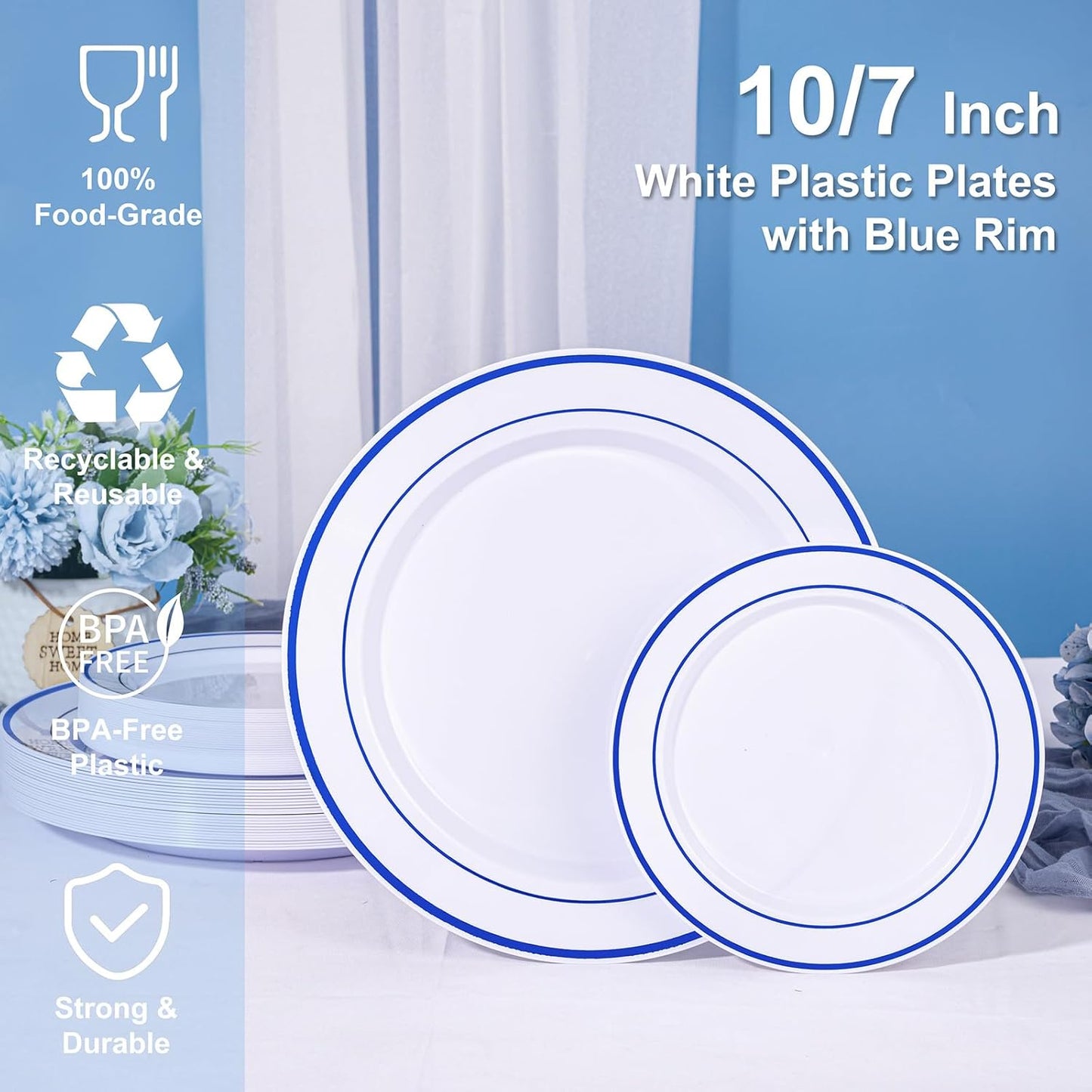 U-QE 100pcs Royal Blue Plastic Plates for Party - Blue and White Plates Disposable Heavy Duty - Include 50 10" Dinner and 50 7" Dessert Plate, Perfect for Party, Wedding, birthday