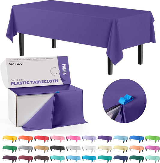 Exquisite Purple Plastic 54x300in Rectangular Tablecloth Roll with Built-in Cutter - 30 Feet, Disposable, Waterproof, All-Season, Birthday