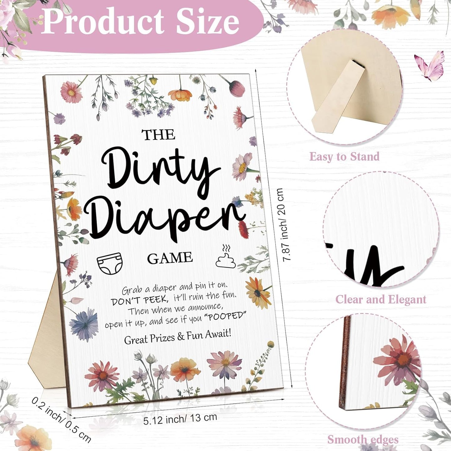 Roowest 51 Pcs Dirty Diaper Baby Shower Games Funny Wooden Sign with 50 Pcs Mini Diapers Cute Felt for Gender Reveal Party Baby Shower (Wildflowers)