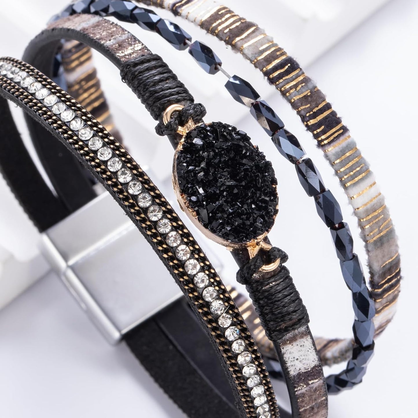 FANCY SHINY Leather Wrap Bracelet Boho Cuff Bangle Bracelets Crystal Bead Bracelet with Magnetic Clasp Jewelry Gifts for Women