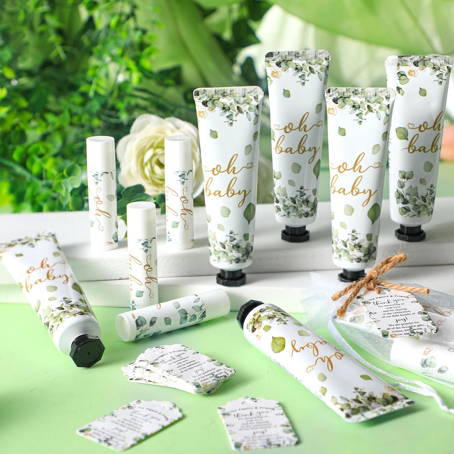 48 Sets 192 Pcs Baby Shower Gifts for Guests Sage Green Oh Baby Shower Games Prizes Greenery Eucalyptus Party Gifts Bulk 48 Hand Cream and 48 Lip Balm Bridal Wedding Party Favors Travel Size