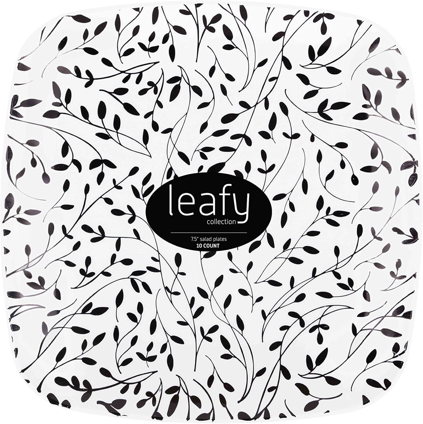 PLASTICPRO Square 32 Piece Combo Plates Set includes 16 x 7'' inch Salad Plates & 16 x 10'' inch Dinner Plates White Plastic withBlack Leaf Design Party Plates, Premium Elegant, Tableware,