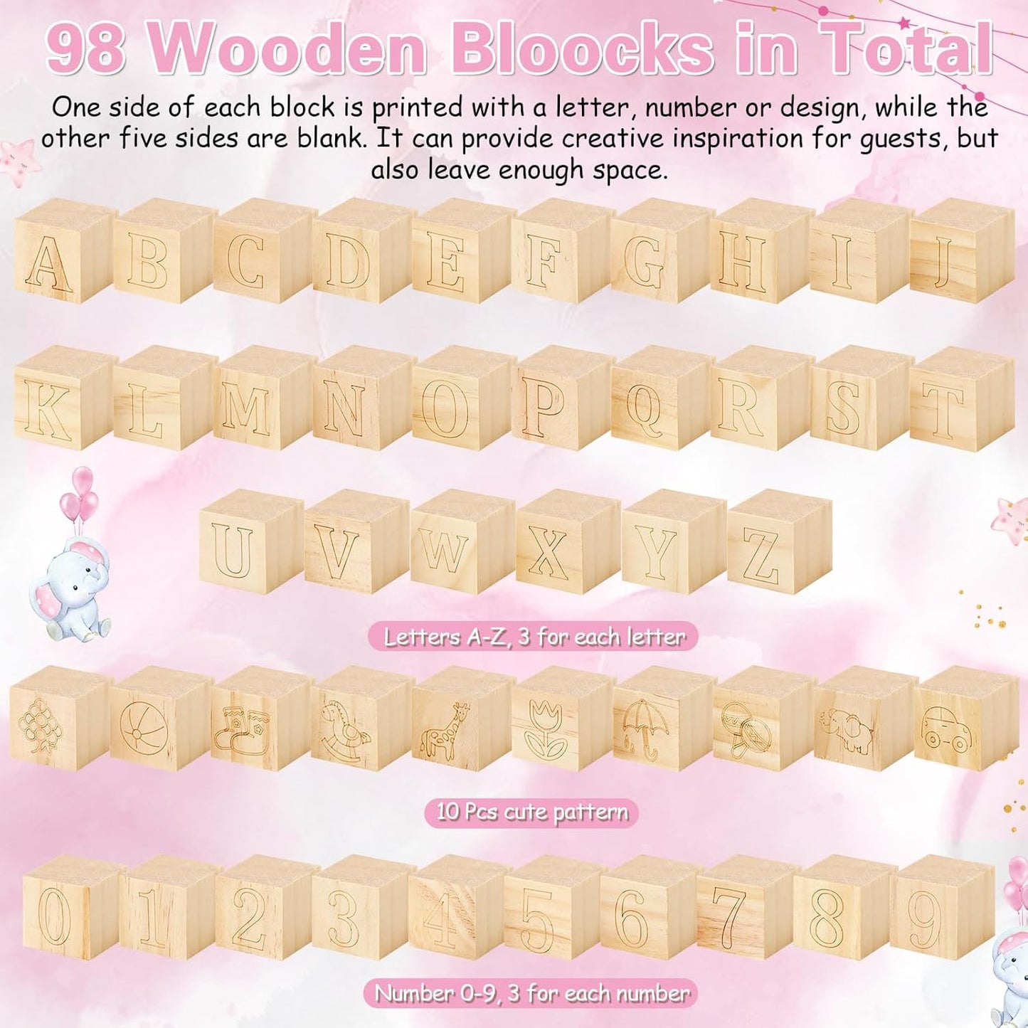 Marsui 136 Pcs Baby Shower Blocks to Decorate Game Kit Includes 98 Wooden Blocks, 36 Markers, 1 Game Sign, 1 Storage Box for Baby Shower Gender Reveal Activity Party Decorations(Pink Elephant)