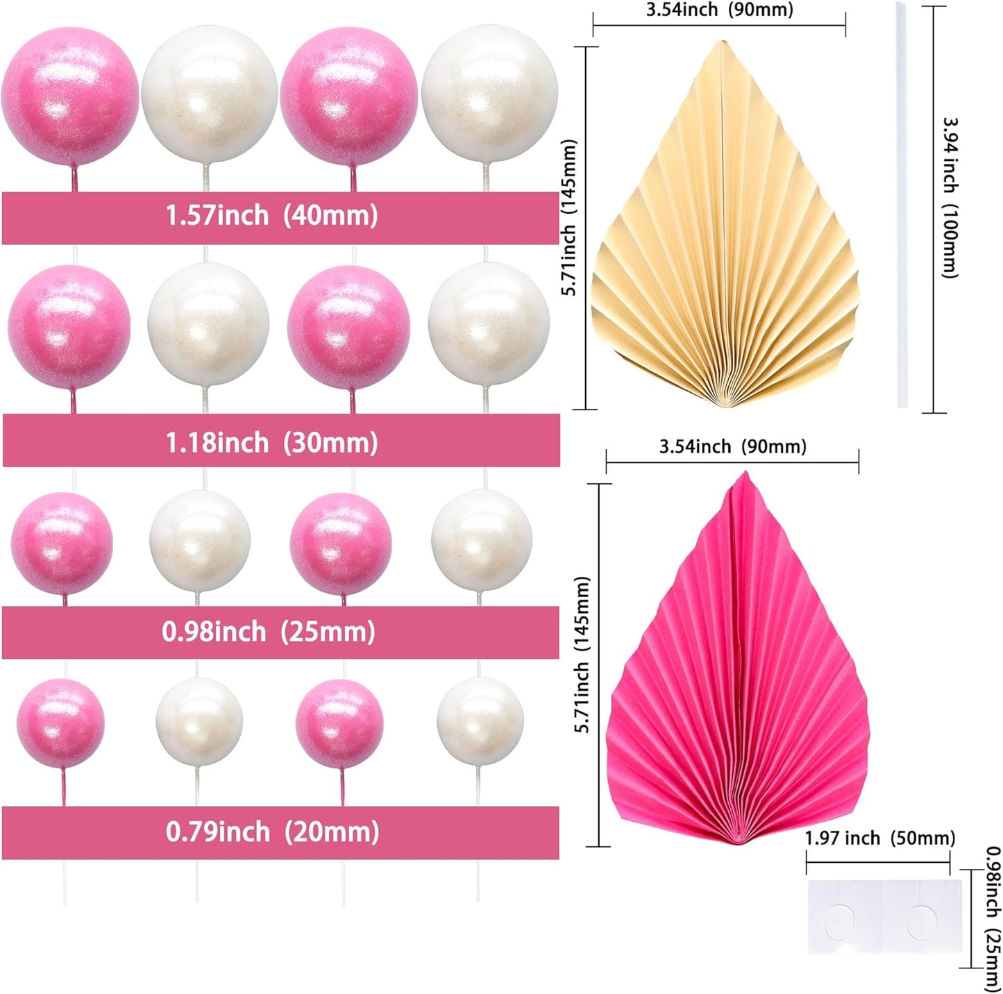 Ephlyn 28Pcs Paper Palm Fan Cake Topper Balls Cake Pick Wedding Bridal Shower DIY Cake Decorations for Baby Shower Wedding Birthday Anniversary Party Supplies White Rose Red